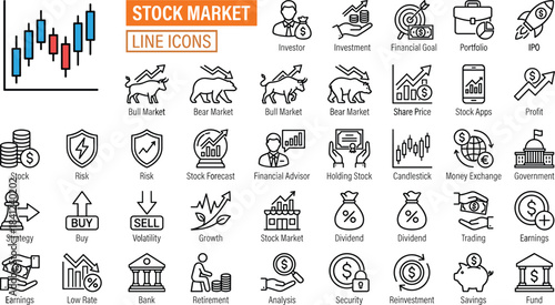 Stock market line icon set featuring bull and bear markets, trading symbols, financial growth, investment tools, economic indicators, and money management concepts.