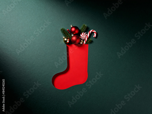 A creative Christmas stocking cutout filled with ornaments and candies on a bright red backdrop, embodying holiday spirit and festive cheer
