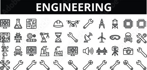 Engineering icon collection featuring tools, robotics, machinery, electronics, construction, safety equipment, and industrial symbols for technical, mechanical, and STEM-related design projects.