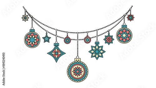 Festive Ornaments Garland: A beautifully illustrated garland composed of an array of detailed and decorative ornaments, evoking the spirit of joy and festivity. 