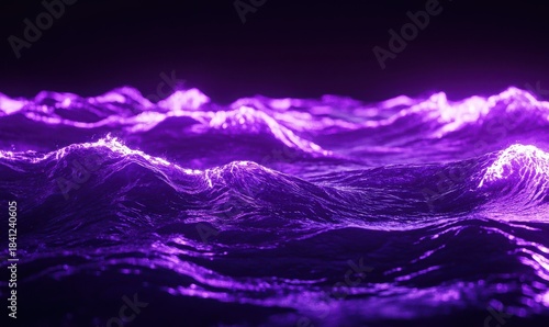 Neon purple ocean waves under dark sky, glowing surreal beauty.