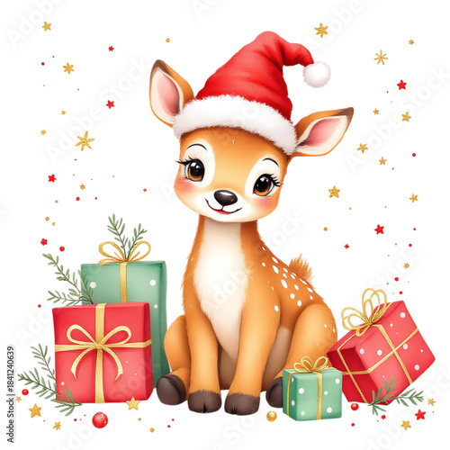 Baby deer in Santa hat with Christmas gifts, stars, and holly vector illustration on white background