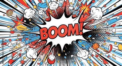 Dynamic comic book explosion illustration with vibrant colors and radial effects style