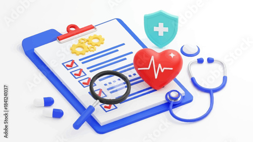 Medical checkup checklist review with heart monitoring and pharmaceutical elements