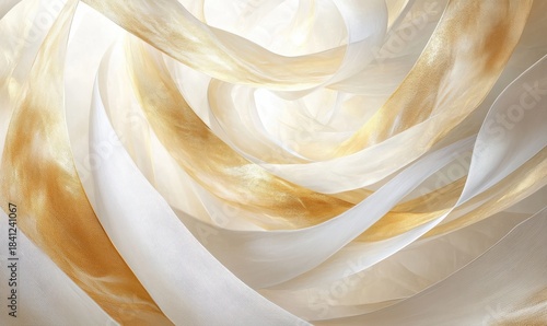 Abstract painting with swirling gold and white patterns, soft metallic textures creating a luxurious feel