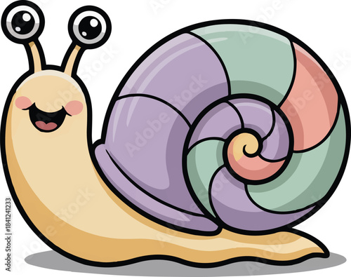 Cute smiling cartoon snail with colorful shell and happy face over checkerboard transparent background