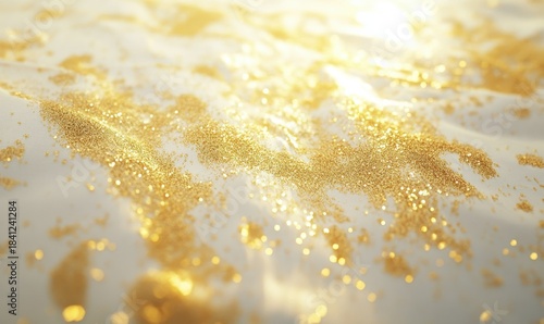 Abstract pattern of golden glitter scattered on a soft white surface, illuminated by soft warm light, luxurious festive texture,