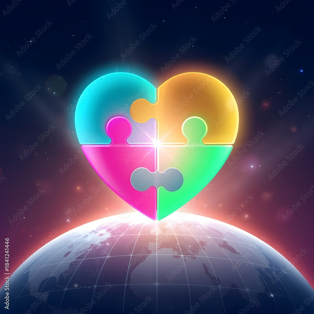 Obraz premium Modern Neon Puzzle Pieces Forming Heart of Unity