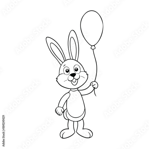 A cute little rabbit holds a pink balloon, standing happily with a sweet smile. Simple outlines and charming details make this coloring page perfect for kids and creativity.