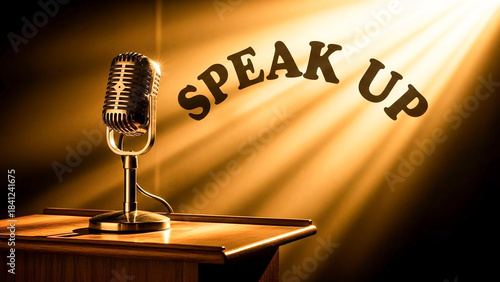 Vintage microphone on podium with light and 