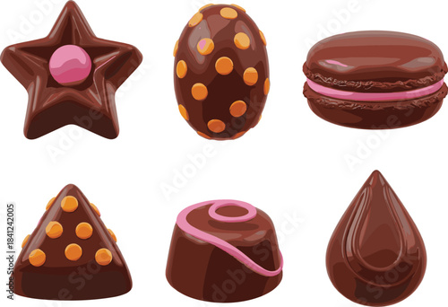Detailed Vector Set of Six Shaped Chocolate Truffles and Candies, Featuring Star, Egg, Triangle, and Pink Macaron Designs for Luxury Dessert Graphics.