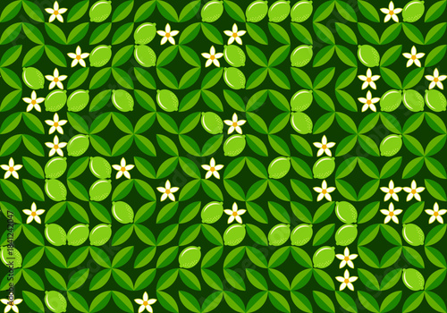 Citrus Floral Geometric Pattern, Seamless vector background, stylized limes, white flowers, and fresh green leaves, summer design for textiles, packaging, stationery, botanical geometry aesthetic