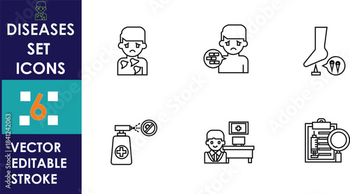 Minimal disease-related vector icons showing medical symptoms, infection signs, foot issues, disinfectant spray, patient examination, and diagnostic equipment, presented in a clean editable stroke sty