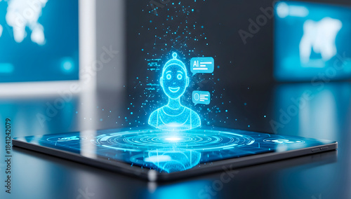 Digital tablet displaying a glowing hologram of an AI chatbot interface. Artificial intelligence concept for technology support and smart communication future.