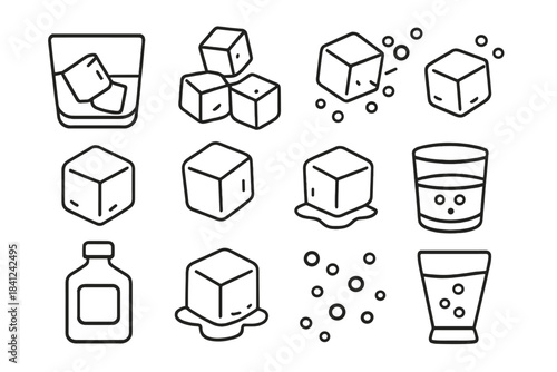 Simple line icons set featuring ice cubes, melting water, drink glasses, and beverage bottle