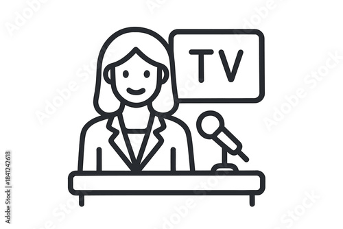 Female news anchor speaking at a press conference podium with a microphone and television screen
