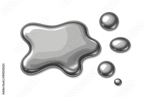 Realistic shiny liquid mercury puddle and spherical drops isolated on a white surface