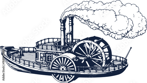 Paddle Steamboat Emitting Smoke from Tall Chimneys on White Background paddle steamer steamship