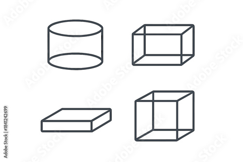 Basic three dimensional geometric shapes set: cylinder, cuboid, and cube outlines