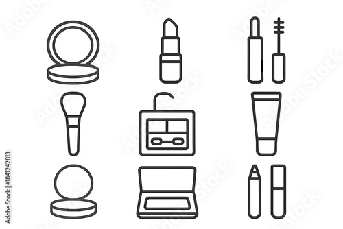 Minimalist outline icons of beauty products including lipstick, mascara, and powder compacts