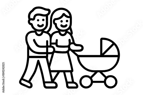 Happy couple walking together pushing a baby stroller, representing family life and parenthood