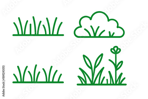 Simple green line icons depicting grass, bushes, and flowering plants for nature and ecology design