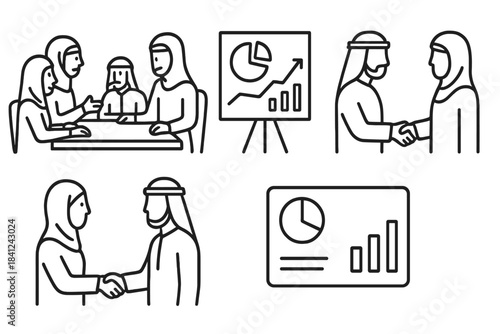Middle Eastern business people meeting and shaking hands with presentation charts