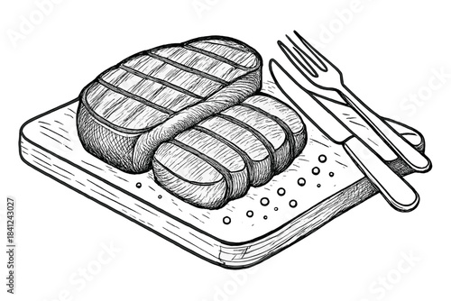 Hand drawn sketch of a large grilled steak served on a wooden board with silverware