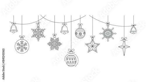 Winter Wonderland Decorations: A delicate garland of festive ornaments, including bells, stars, snowflakes, and baubles, hangs in anticipation of the holiday season.
