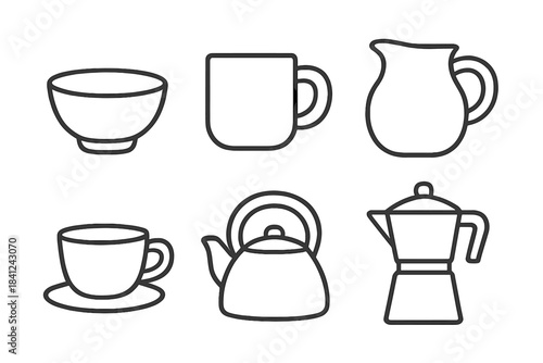 Outline icons showing various kitchenware items used for coffee and tea preparation and serving