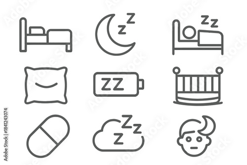 Sleep and bedtime symbols featuring bed, moon, pillow, medicine, and crib elements