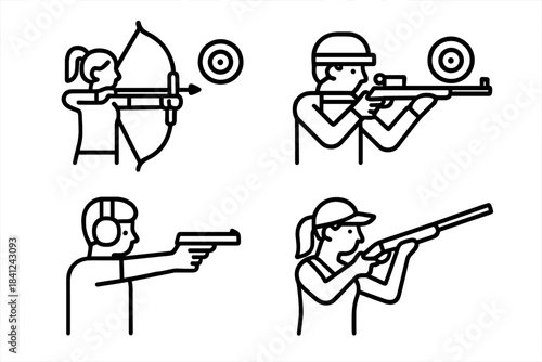 Outline icons set depicting competitive shooting sports including archery, rifle, pistol, and shotgun activities