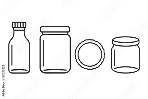 Empty glass jars and bottle containers with lids in simple line art style
