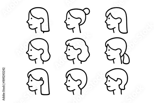 Nine simple outline female head profiles with various hairstyles and haircuts