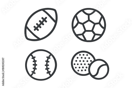 Outline icons of popular sports balls including football, soccer, baseball, and golf