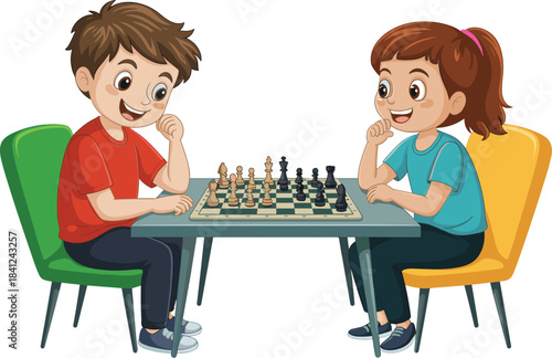 Detailed Cartoon Vector Illustration of Two Happy Children Playing Chess at a Table, Representing Strategic Thinking, Education, and Intellectual Leisure Activity.