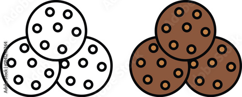 Vector Illustration of Three Chocolate Chip Cookies, Featuring Line Art Outline and Solid Color Versions, Representing Dessert, Snack, and Sweet Food.