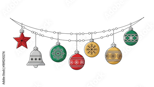 Festive Ornaments: An array of colorful Christmas ornaments is strung along a silver garland, ready to bring warmth and a festive atmosphere.