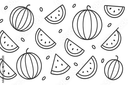 Monochrome seamless pattern featuring scattered outline watermelons and slices on white