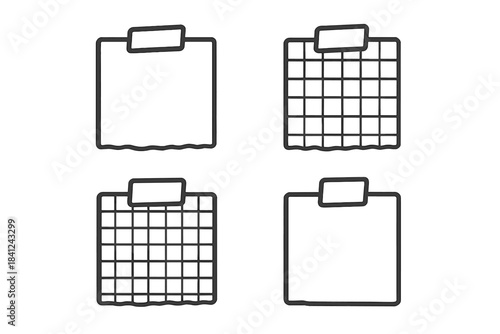 Minimalist black and white icons showing blank paper sheets and calendar grids for scheduling and note taking