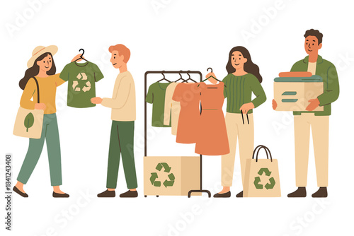 People shopping for sustainable second-hand clothes at a recycling or donation event for eco-friendly fashion