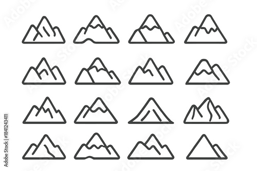 Sixteen outline mountain symbols representing nature, travel, hiking, and adventure
