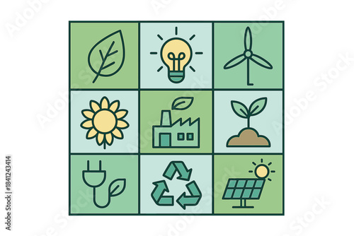 Nine ecology and renewable energy icons arranged in a clean grid layout for sustainability concepts
