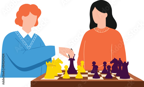 Flat Design Vector Illustration of Two Women Playing Chess, Representing Strategic Thinking, Intellectual Competition, Learning, and Leisure Activity.