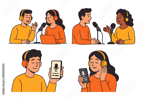 Diverse people recording a podcast interview and listening to digital audio content on mobile devices