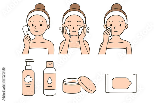 Skincare routine steps showing facial washing, cleansing, and beauty product icons