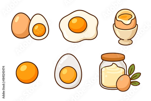 Collection of various egg preparations including fried, boiled, and whole eggs with mayonnaise