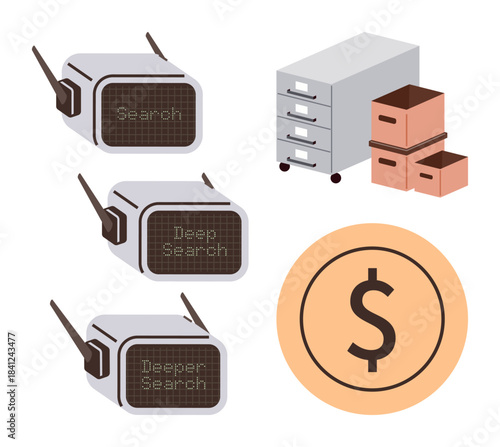 Retro devices showing search levels, file cabinet with boxes, and dollar sign. Ideal for data analysis, storage, value, technology, business strategy, efficiency simple flat metaphor