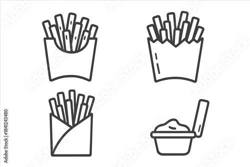 Minimalist outline icons of potato fries in various packages and dipping sauce