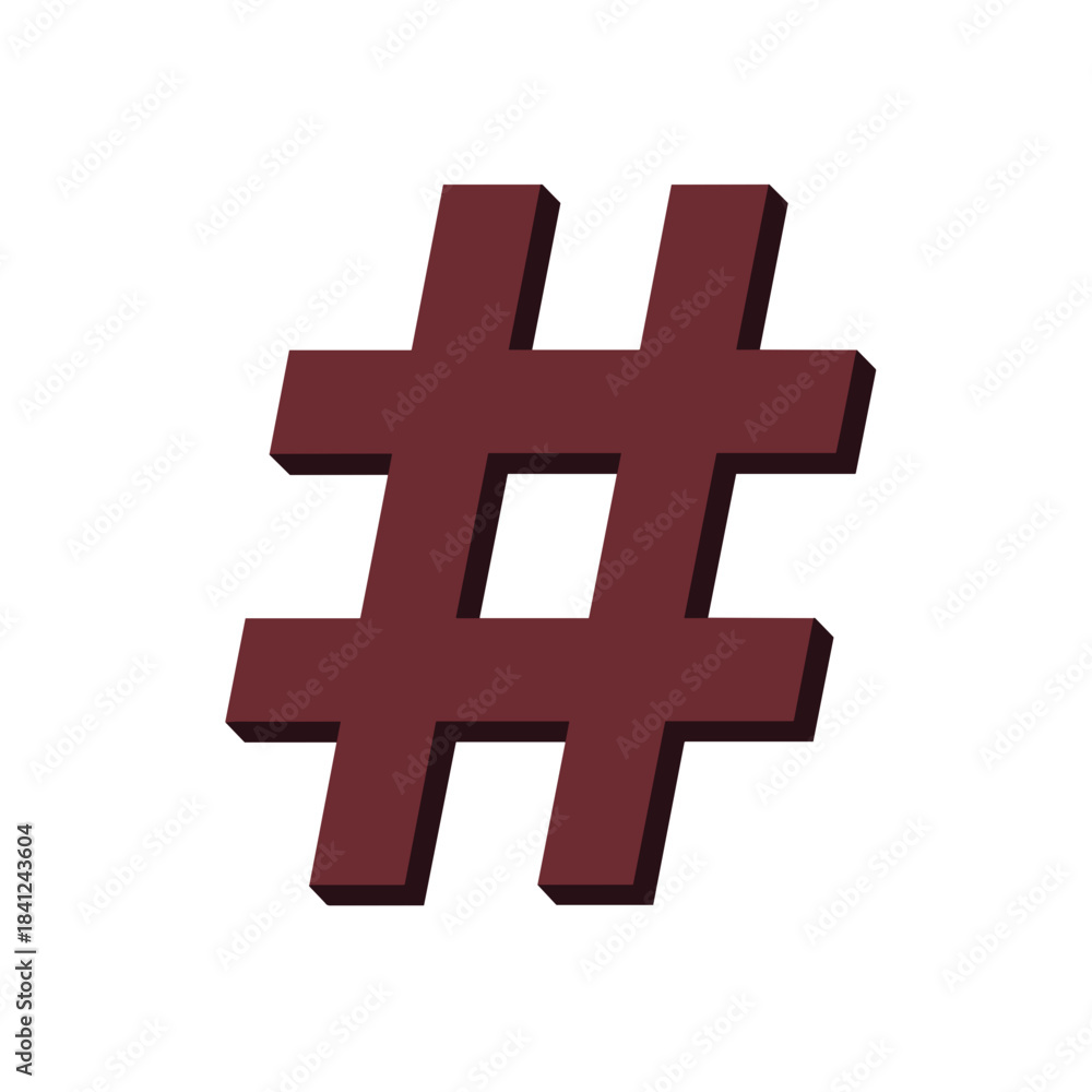 Fototapeta premium Three dimensional maroon hashtag symbol stands prominently on a clean white background. This graphic represents social media trends, digital communication, and online identity.
